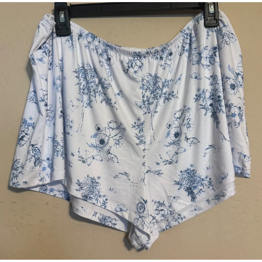 Joyspun Pajama Set Women XL White Blue Floral Lace Trim Cami Shorts NEW‎